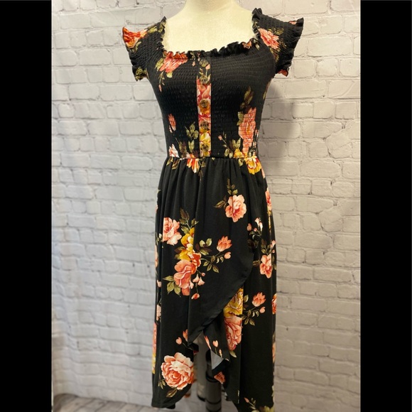 J FOR JUSTIFAY WOMEN'S FLOWERED ESCITE ELASTICIZED BLACK DRESS SIZE S - Picture 14 of 15